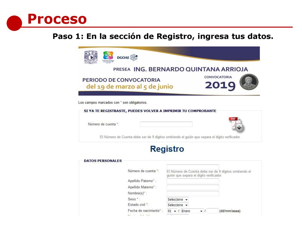 Proceso Paso 1: En la sección de Registro, ingresa tus datos.