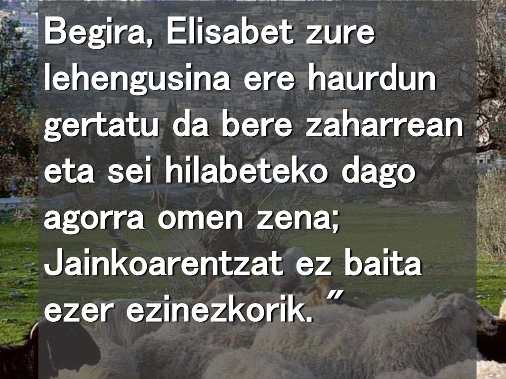 Begira, Elisabet zure lehengusina ere haurdun gertatu da bere zaharrean eta sei hilabeteko dago agorra omen zena; Jainkoarentzat ez baita ezer ezinezkorik.