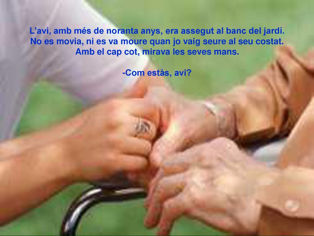 L’avi, amb més de noranta anys, era assegut al banc del jardí.
