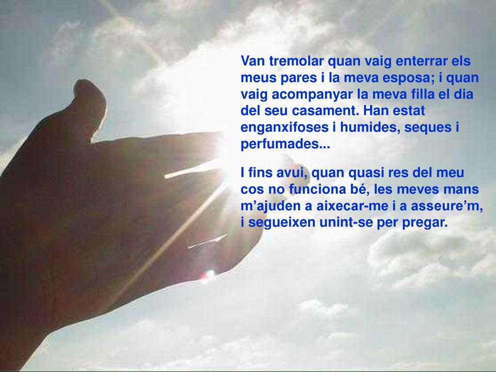 Van tremolar quan vaig enterrar els meus pares i la meva esposa; i quan vaig acompanyar la meva filla el dia del seu casament. Han estat enganxifoses i humides, seques i perfumades...