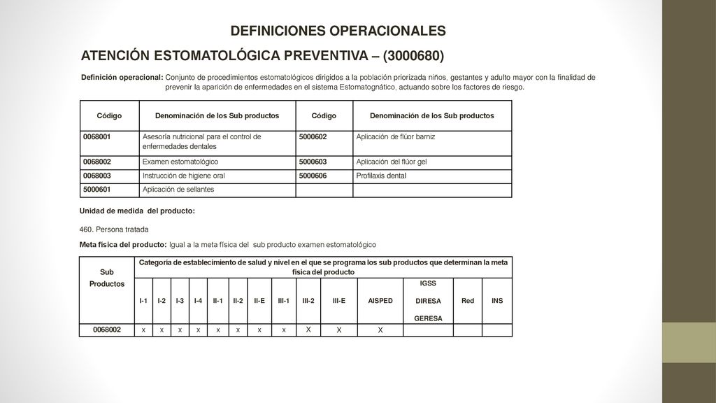 DEFINICIONES OPERACIONALES Denominación de los Sub productos
