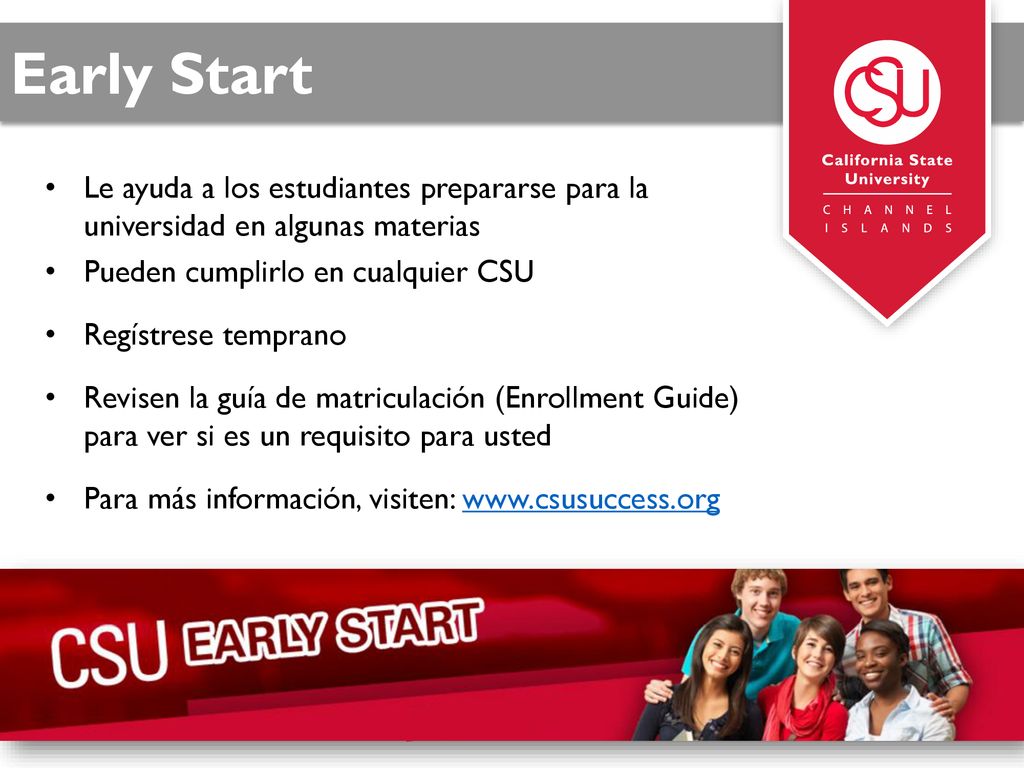 Early Start Le ayuda a los estudiantes prepararse para la universidad en algunas materias. Pueden cumplirlo en cualquier CSU.