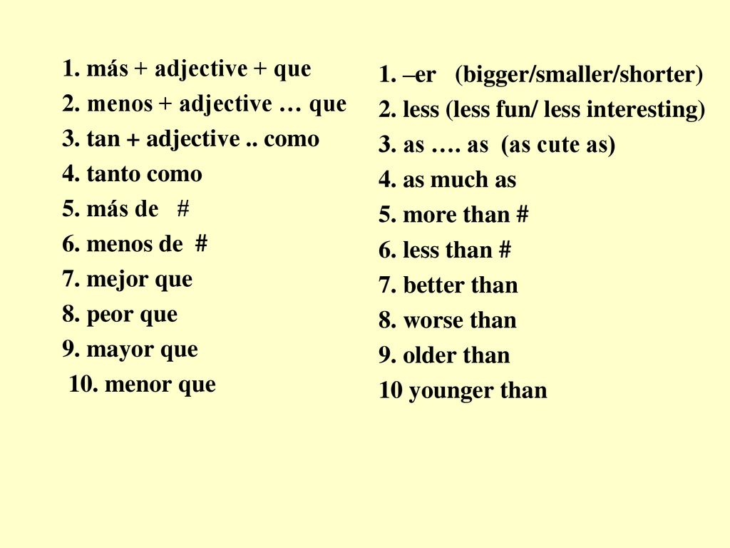 1. más + adjective + que 2. menos + adjective … que. 3. tan + adjective .. como. 4. tanto como. 5. más de #