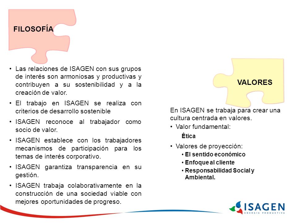FILOSOFÍA Las relaciones de ISAGEN con sus grupos de interés son armoniosas y productivas y contribuyen a su sostenibilidad y a la creación de valor.
