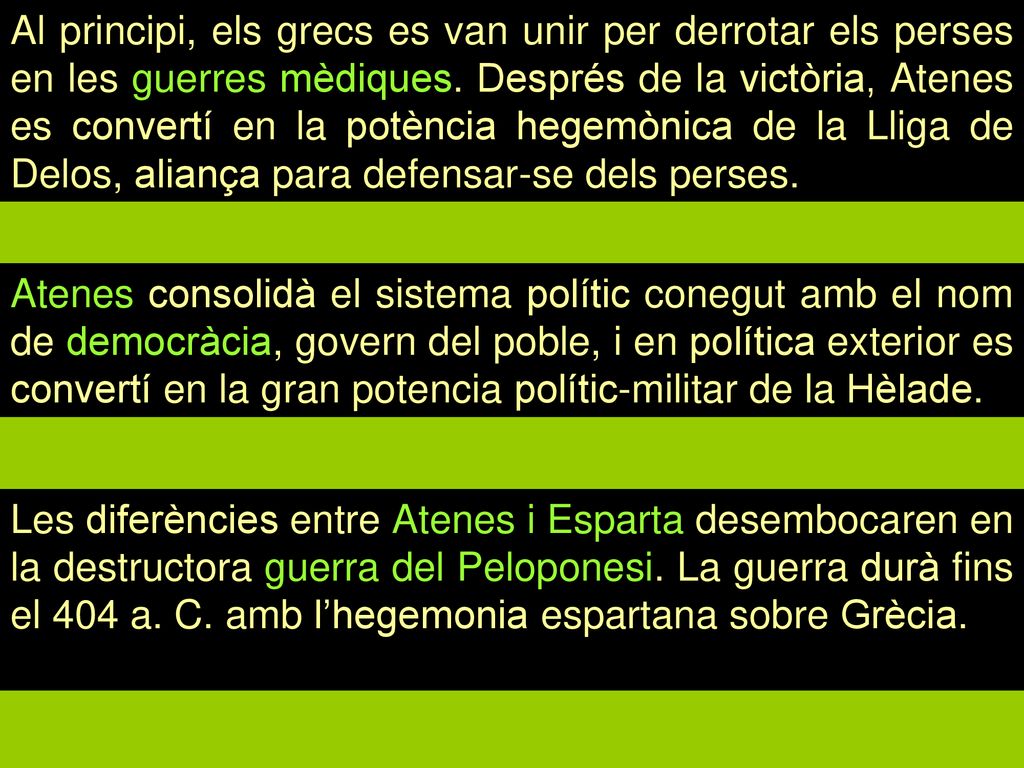 Al principi, els grecs es van unir per derrotar els perses en les guerres mèdiques. Després de la victòria, Atenes es convertí en la potència hegemònica de la Lliga de Delos, aliança para defensar-se dels perses.