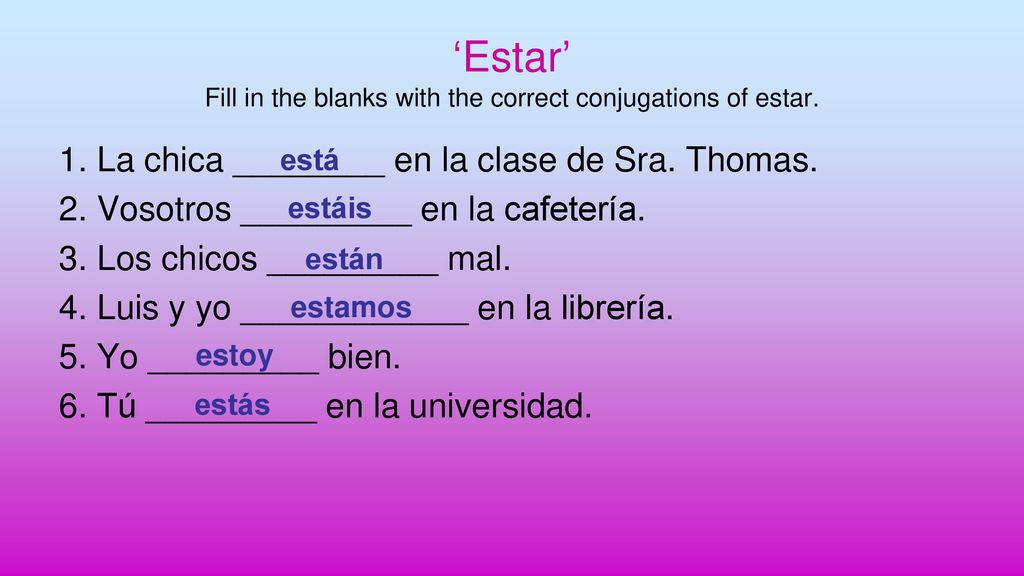 ‘Estar’ Fill in the blanks with the correct conjugations of estar.