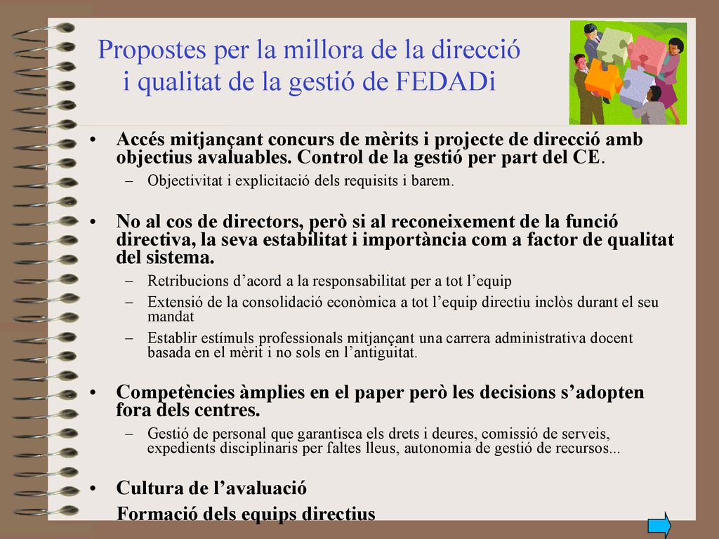 Propostes per la millora de la direcció i qualitat de la gestió de FEDADi