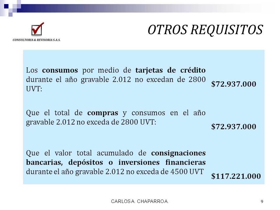 OTROS REQUISITOS Los consumos por medio de tarjetas de crédito durante el año gravable no excedan de 2800 UVT: