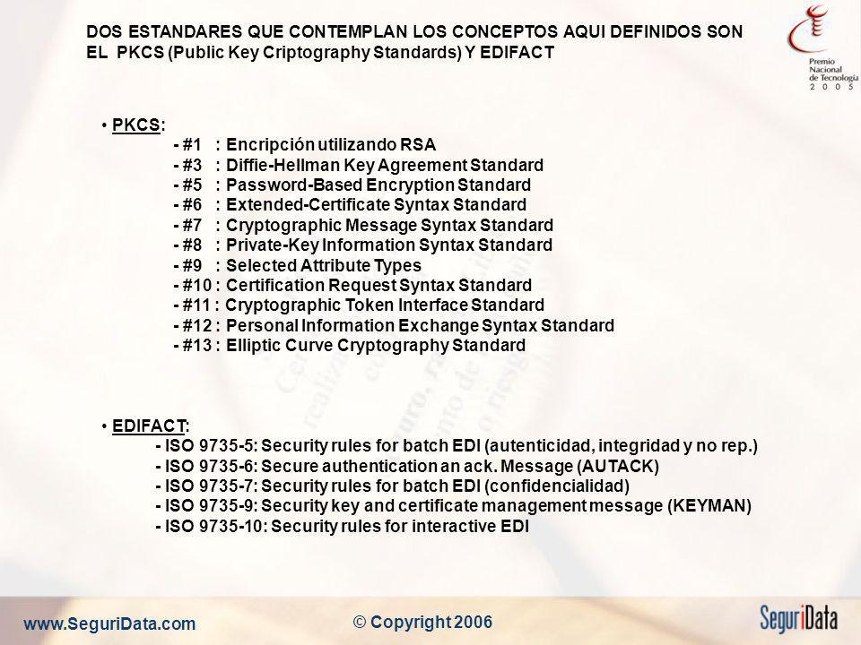 DOS ESTANDARES QUE CONTEMPLAN LOS CONCEPTOS AQUI DEFINIDOS SON EL PKCS (Public Key Criptography Standards) Y EDIFACT