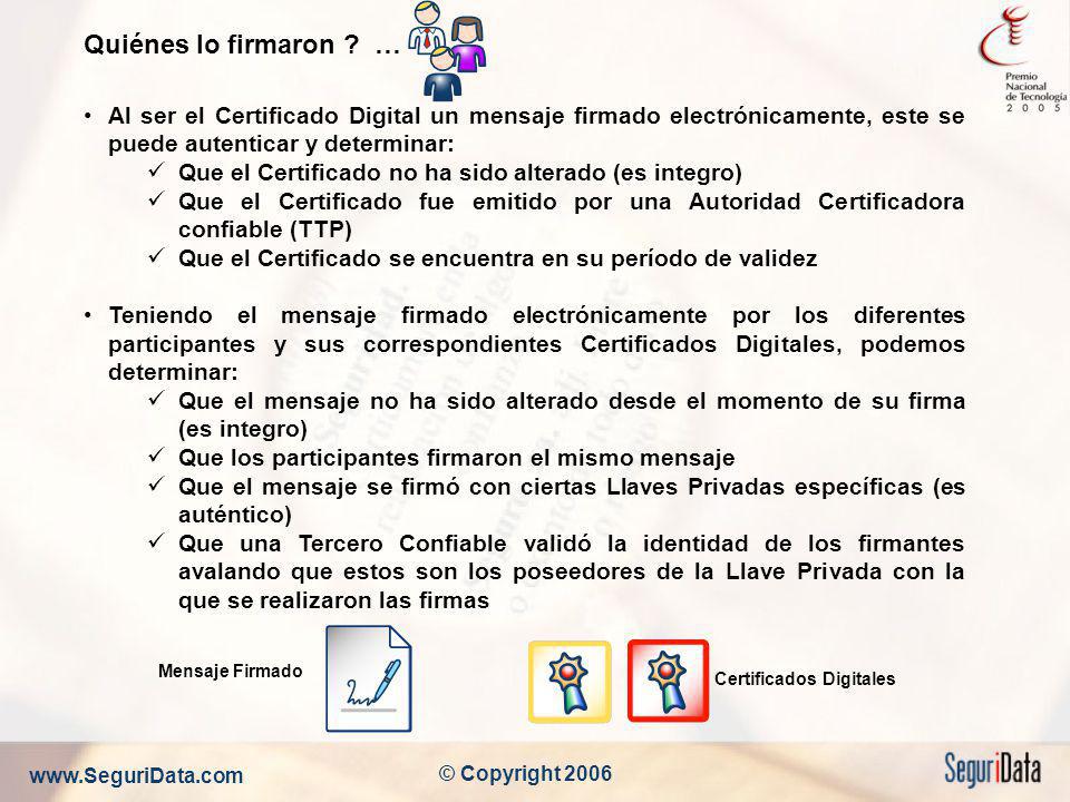 Quiénes lo firmaron … Al ser el Certificado Digital un mensaje firmado electrónicamente, este se puede autenticar y determinar: