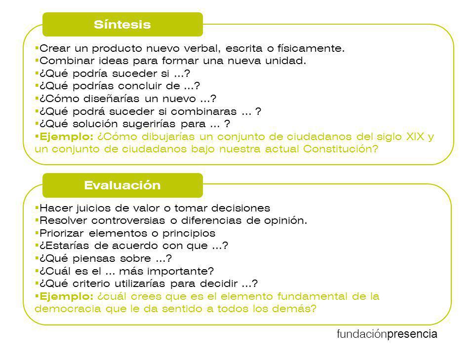 Síntesis Crear un producto nuevo verbal, escrita o físicamente. Combinar ideas para formar una nueva unidad.