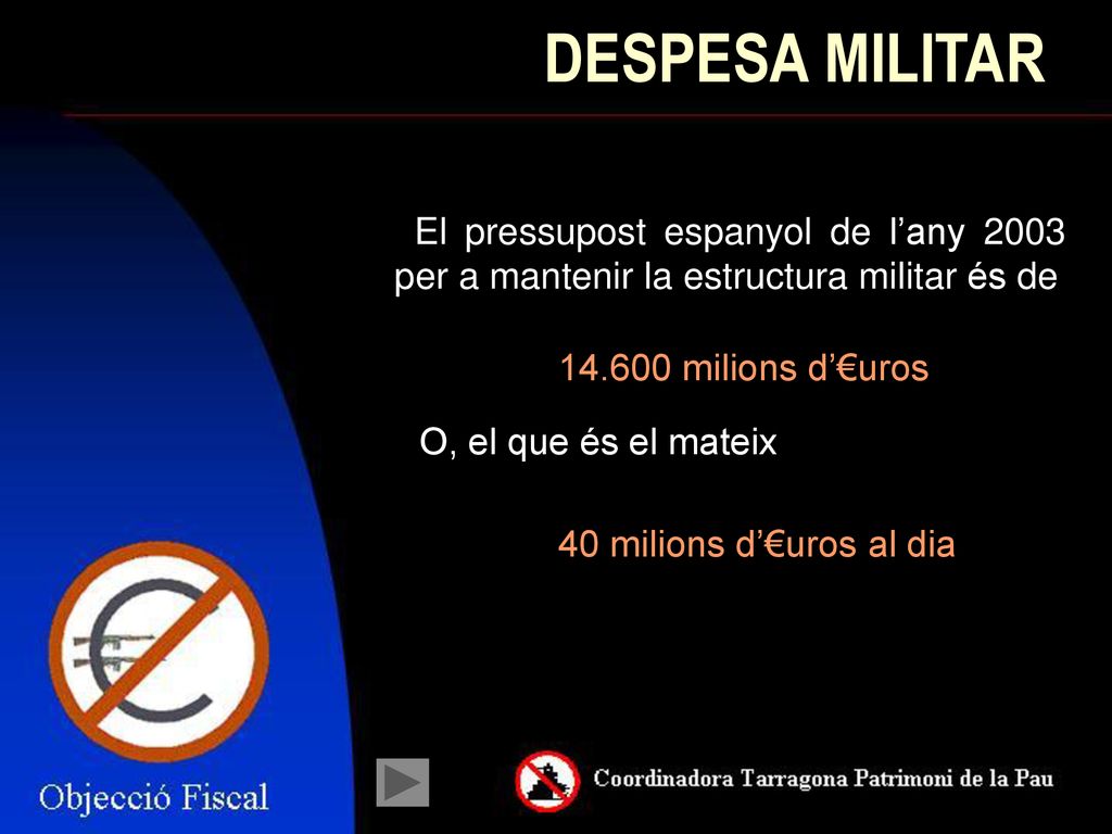 DESPESA MILITAR El pressupost espanyol de l’any 2003 per a mantenir la estructura militar és de milions d’€uros.