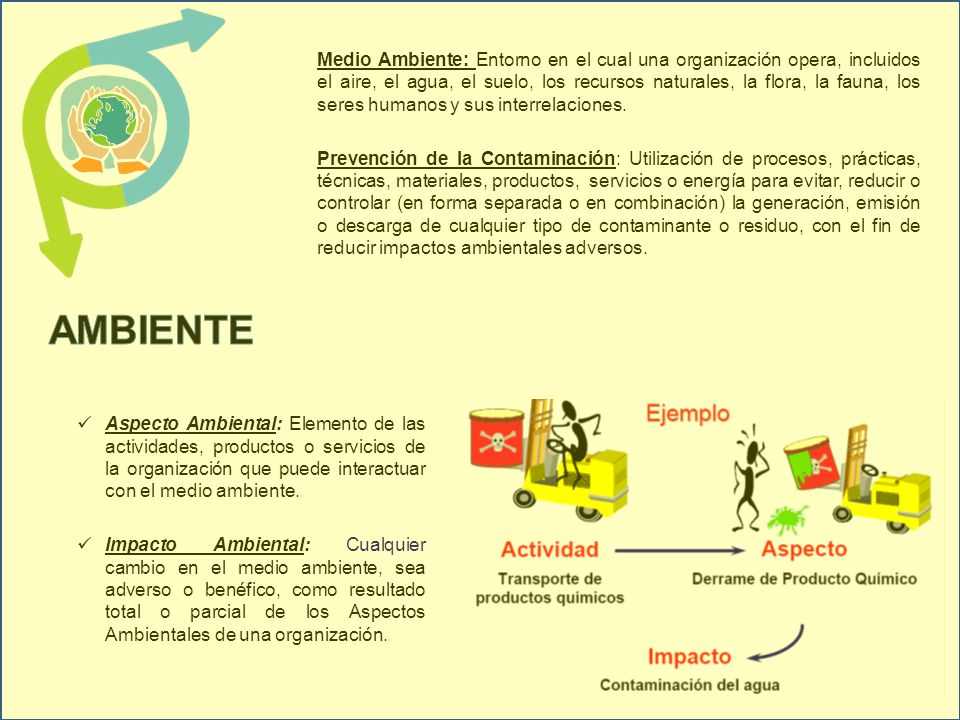 Medio Ambiente: Entorno en el cual una organización opera, incluidos el aire, el agua, el suelo, los recursos naturales, la flora, la fauna, los seres humanos y sus interrelaciones.