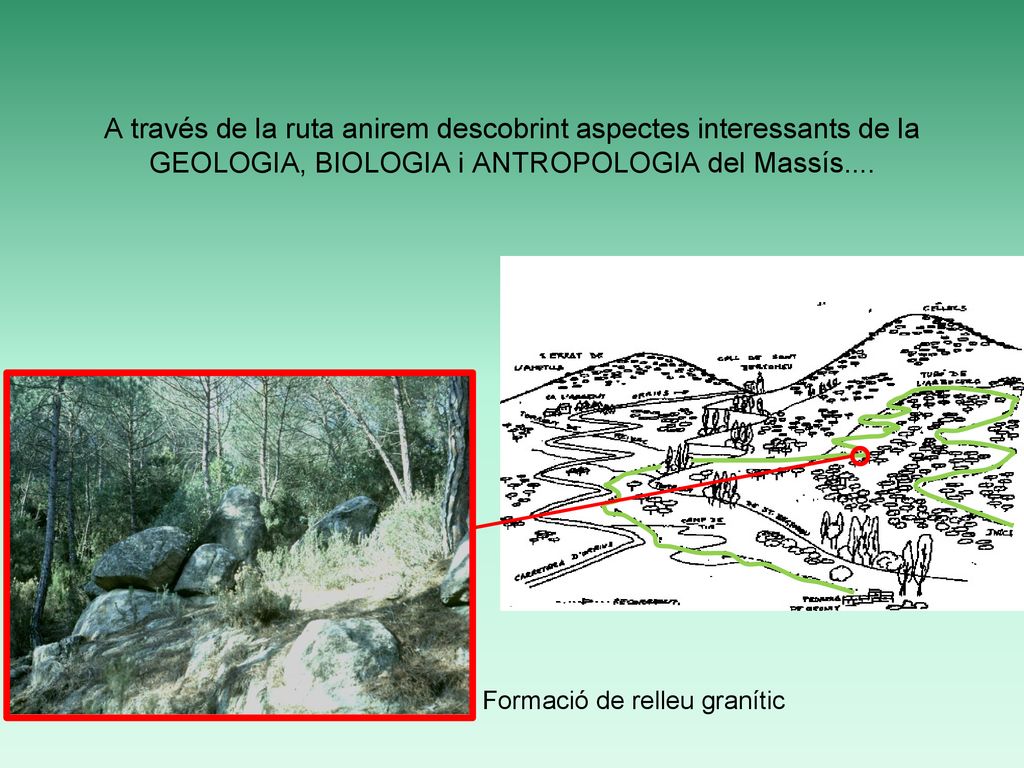 A través de la ruta anirem descobrint aspectes interessants de la GEOLOGIA, BIOLOGIA i ANTROPOLOGIA del Massís....