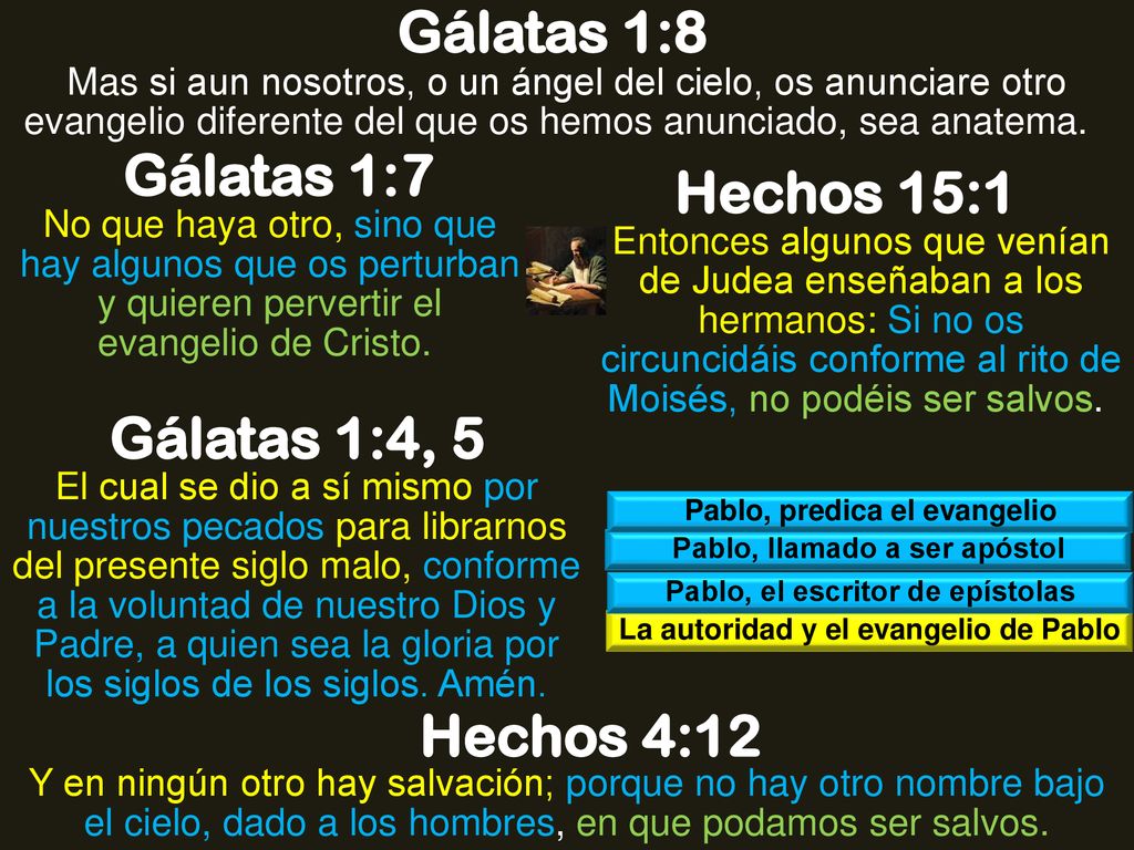 Gálatas 1:8 Gálatas 1:7 Hechos 15:1 Gálatas 1:4, 5 Hechos 4:12