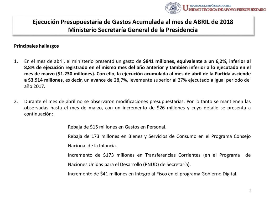 Ejecución Presupuestaria de Gastos Acumulada al mes de ABRIL de 2018 Ministerio Secretaría General de la Presidencia