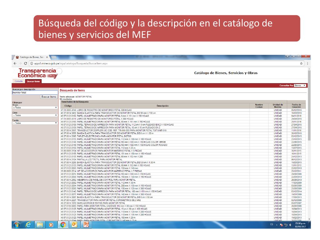 Búsqueda del código y la descripción en el catálogo de bienes y servicios del MEF