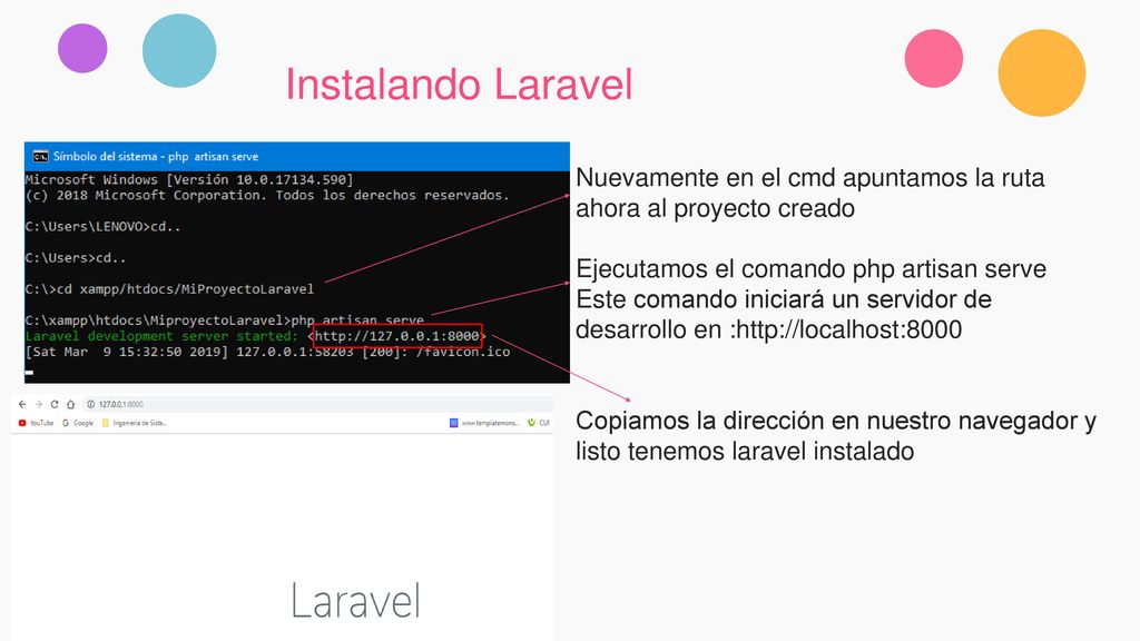 Instalando Laravel Nuevamente en el cmd apuntamos la ruta ahora al proyecto creado. Ejecutamos el comando php artisan serve.