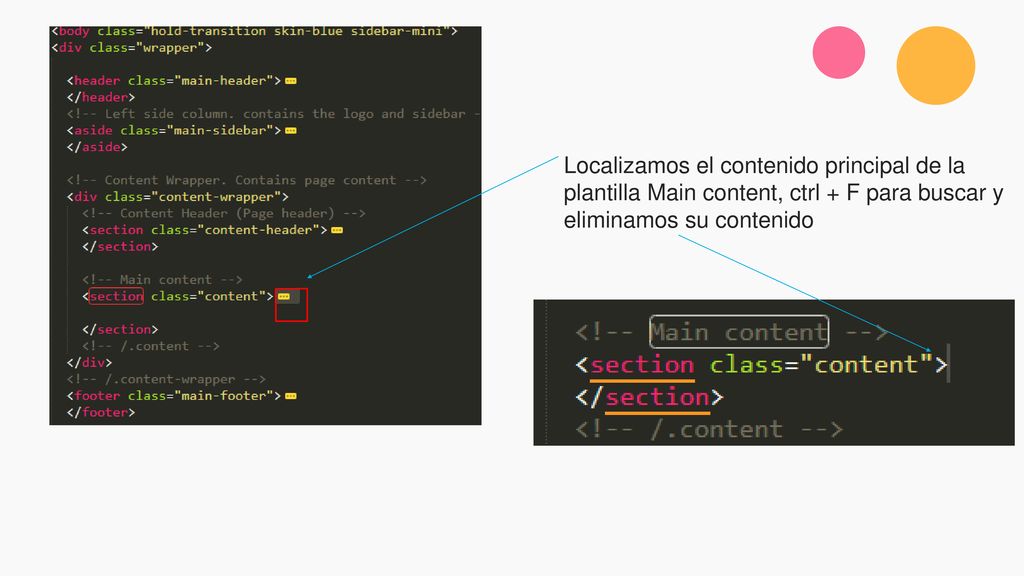 Localizamos el contenido principal de la plantilla Main content, ctrl + F para buscar y eliminamos su contenido