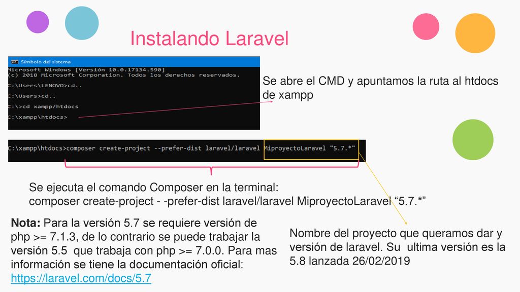Instalando Laravel Se abre el CMD y apuntamos la ruta al htdocs de xampp. Se ejecuta el comando Composer en la terminal: