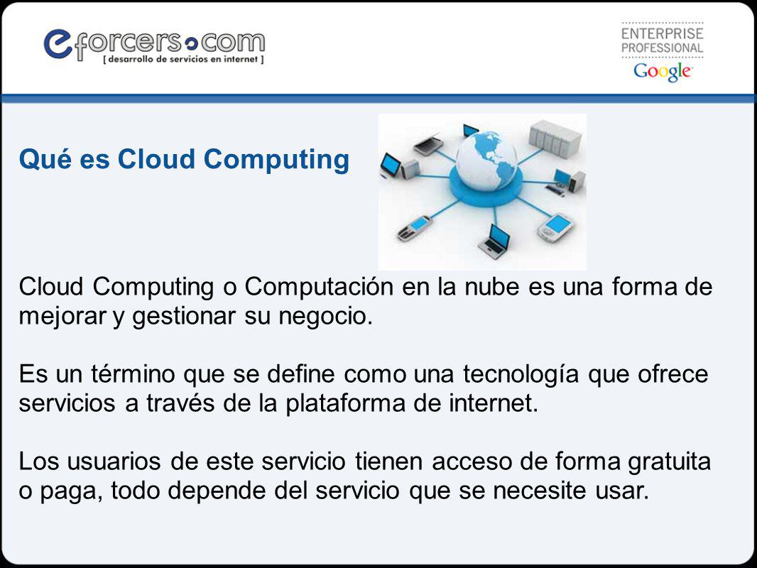 Qué es Cloud Computing Cloud Computing o Computación en la nube es una forma de mejorar y gestionar su negocio.