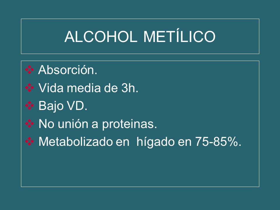 ALCOHOL METÍLICO Absorción. Vida media de 3h. Bajo VD.