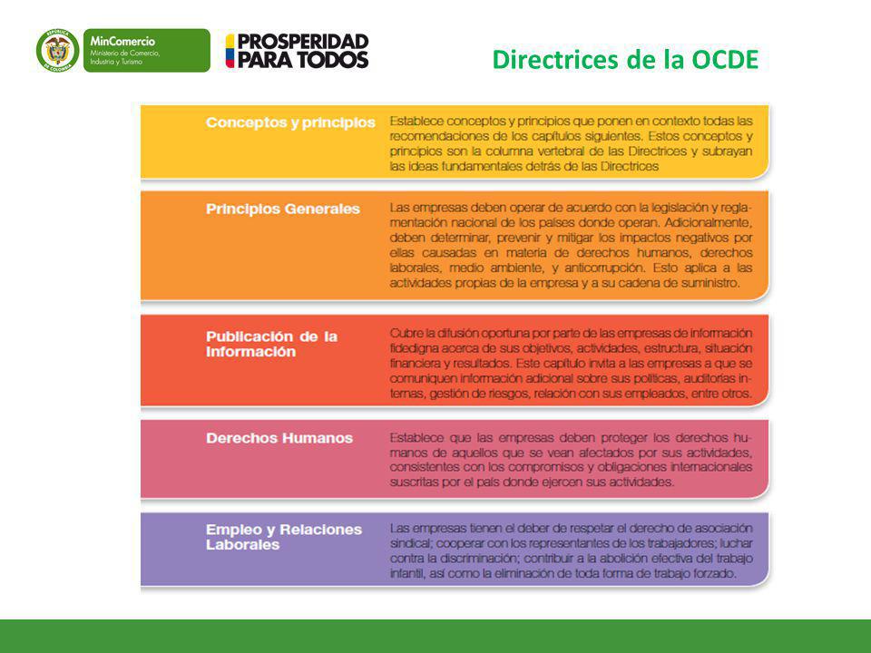 Directrices de la OCDE Capítulos a enfatizar especialmente en servicios: Derechos Humanos, Laboral y Consumidor.