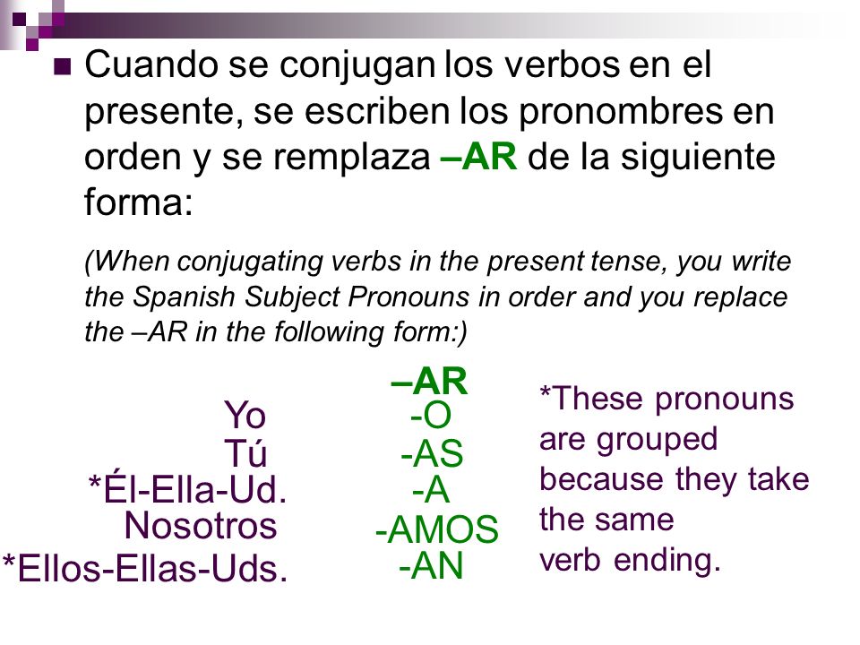 Cuando se conjugan los verbos en el presente, se escriben los pronombres en orden y se remplaza –AR de la siguiente forma: