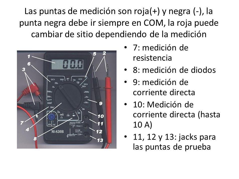 Las puntas de medición son roja(+) y negra (-), la punta negra debe ir siempre en COM, la roja puede cambiar de sitio dependiendo de la medición