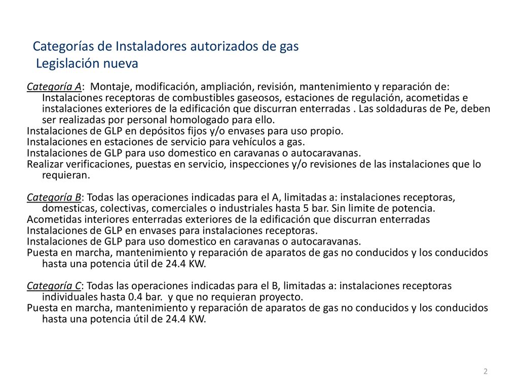 Categorías de Instaladores autorizados de gas Legislación nueva