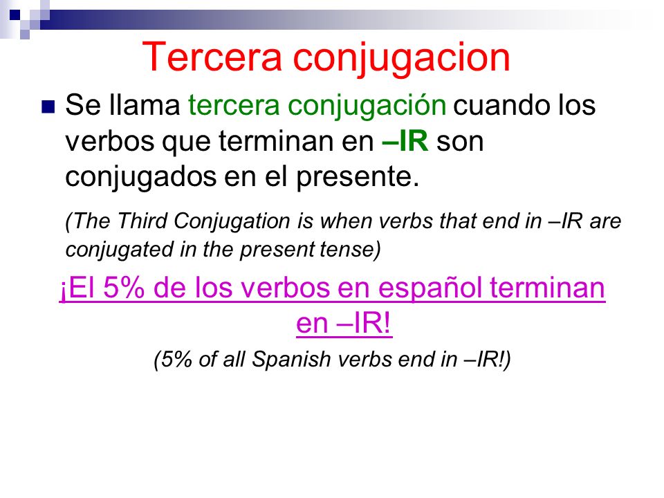 Tercera conjugacion Se llama tercera conjugación cuando los verbos que terminan en –IR son conjugados en el presente.