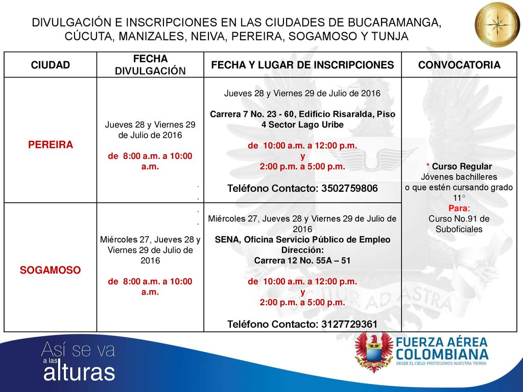 DIVULGACIÓN E INSCRIPCIONES EN LAS CIUDADES DE BUCARAMANGA, CÚCUTA, MANIZALES, NEIVA, PEREIRA, SOGAMOSO Y TUNJA