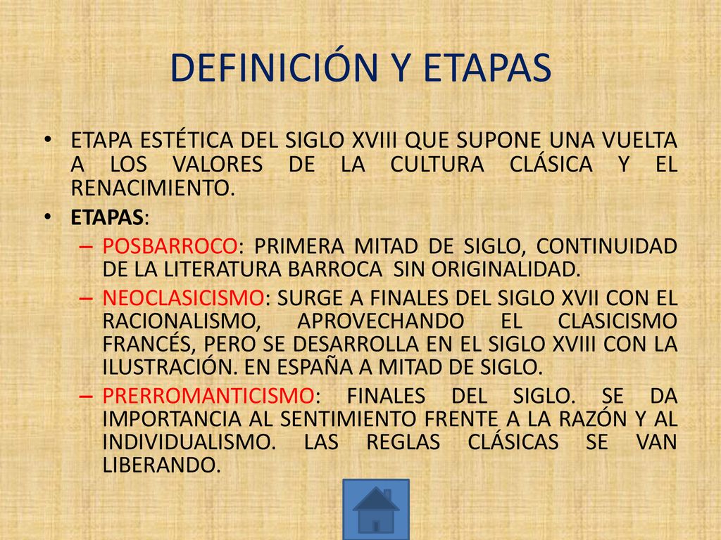 DEFINICIÓN Y ETAPAS ETAPA ESTÉTICA DEL SIGLO XVIII QUE SUPONE UNA VUELTA A LOS VALORES DE LA CULTURA CLÁSICA Y EL RENACIMIENTO.