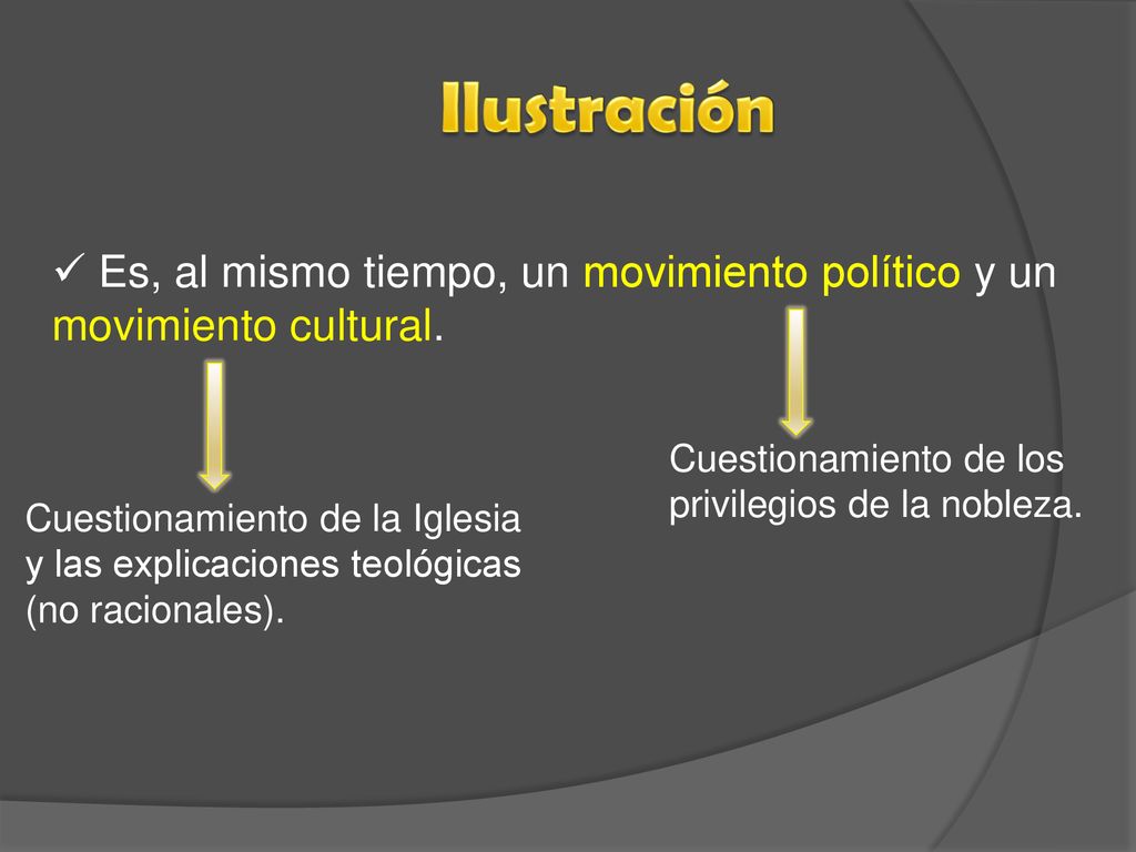 Ilustración Es, al mismo tiempo, un movimiento político y un movimiento cultural. Cuestionamiento de los privilegios de la nobleza.