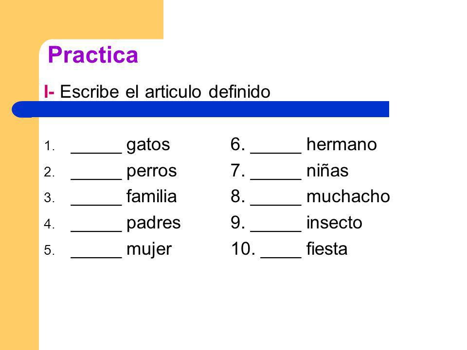 Practica I- Escribe el articulo definido _____ gatos 6. _____ hermano