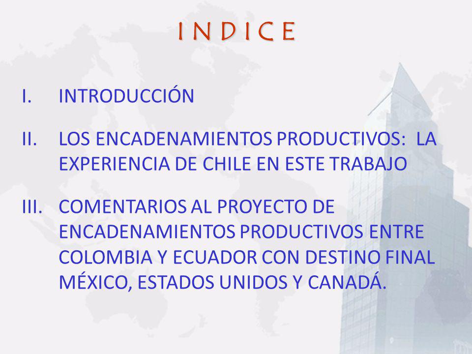 I N D I C E INTRODUCCIÓN. LOS ENCADENAMIENTOS PRODUCTIVOS: LA EXPERIENCIA DE CHILE EN ESTE TRABAJO.