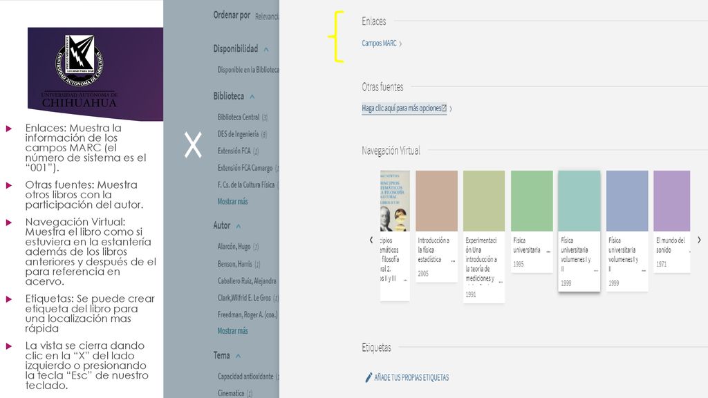 Enlaces: Muestra la información de los campos MARC (el número de sistema es el 001 ).
