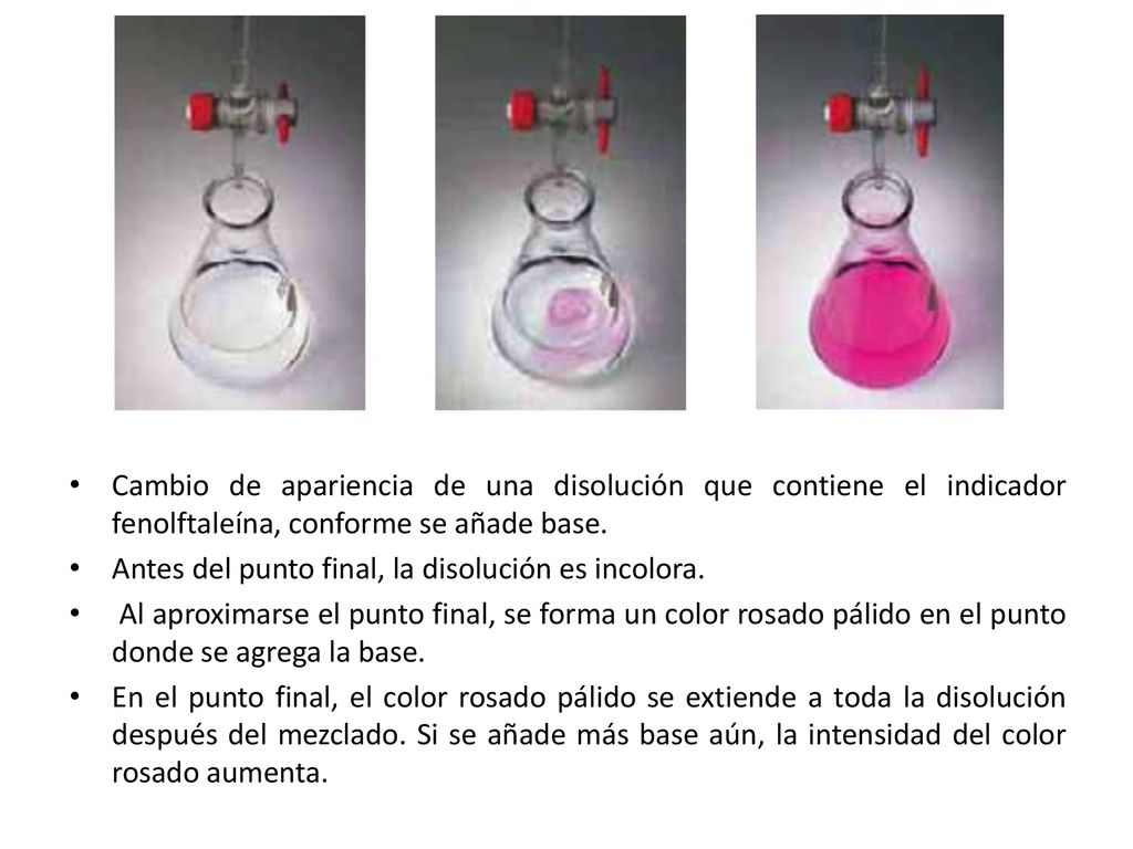 Cambio de apariencia de una disolución que contiene el indicador fenolftaleína, conforme se añade base.
