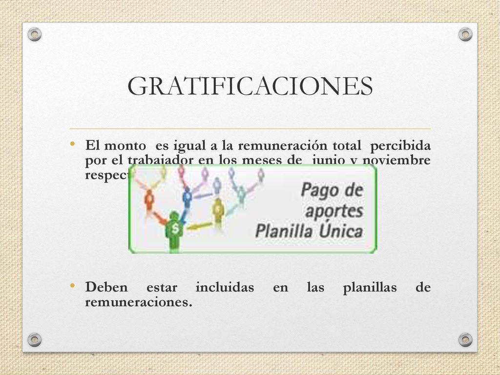 GRATIFICACIONES El monto es igual a la remuneración total percibida por el trabajador en los meses de junio y noviembre respectivamente.