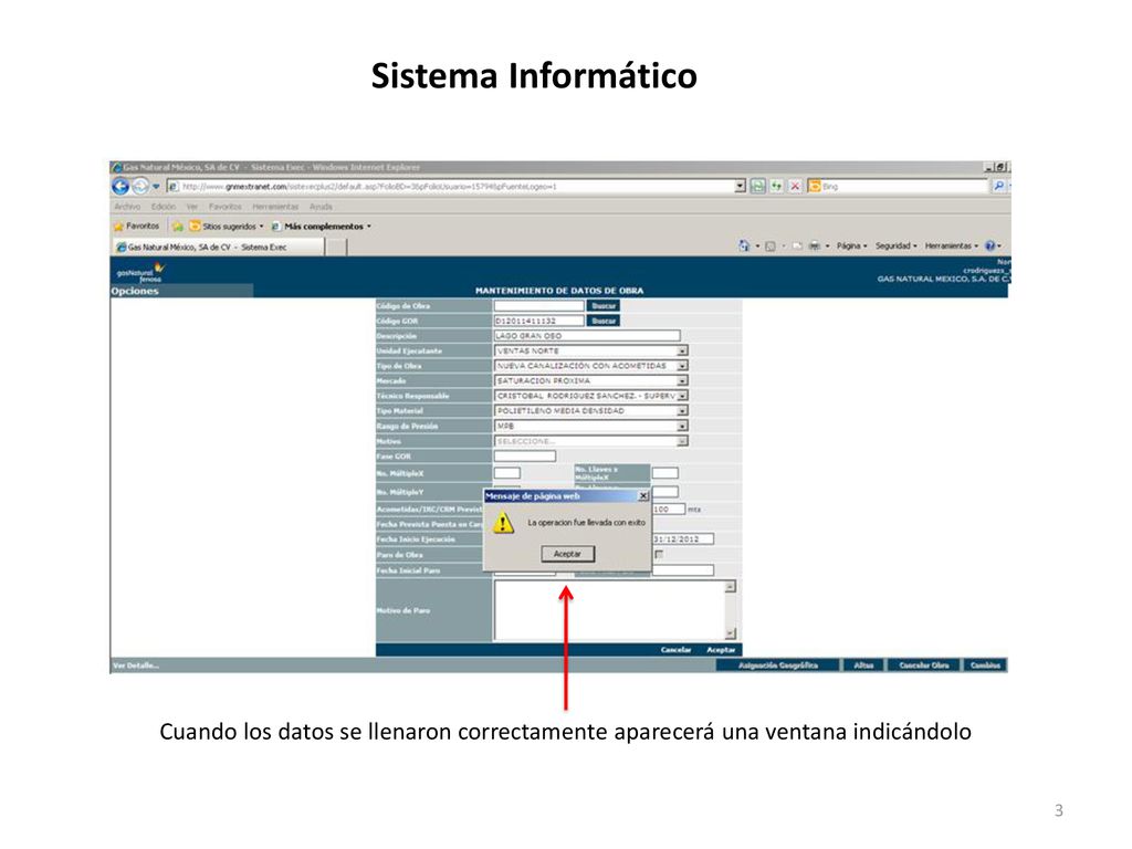 Sistema Informático Cuando los datos se llenaron correctamente aparecerá una ventana indicándolo