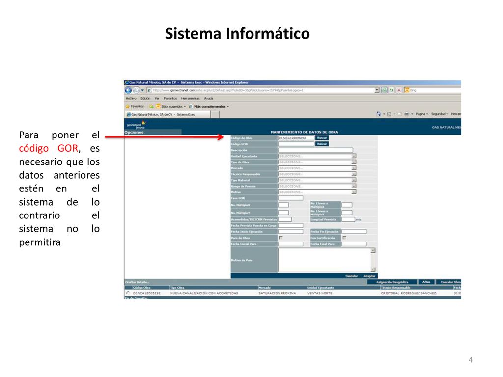 Sistema Informático Para poner el código GOR, es necesario que los datos anteriores estén en el sistema de lo contrario el sistema no lo permitira.