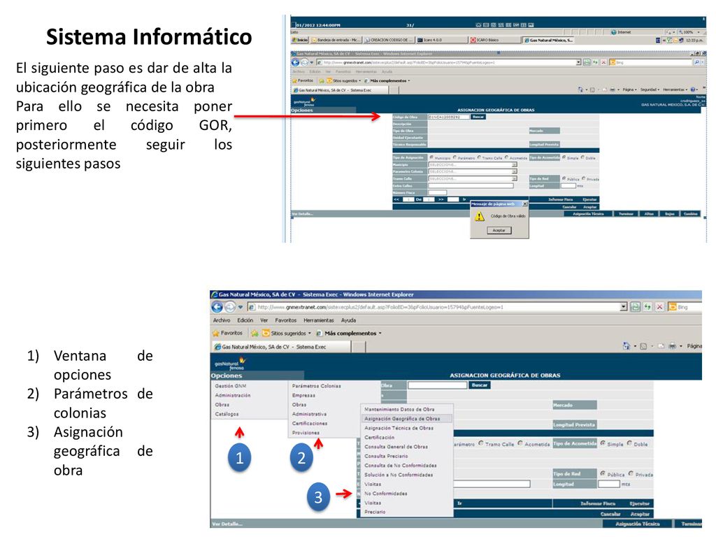 Sistema Informático El siguiente paso es dar de alta la ubicación geográfica de la obra.