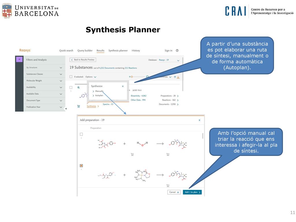 Synthesis Planner A partir d’una substància es pot elaborar una ruta de síntesi, manualment o de forma automàtica (Autoplan).