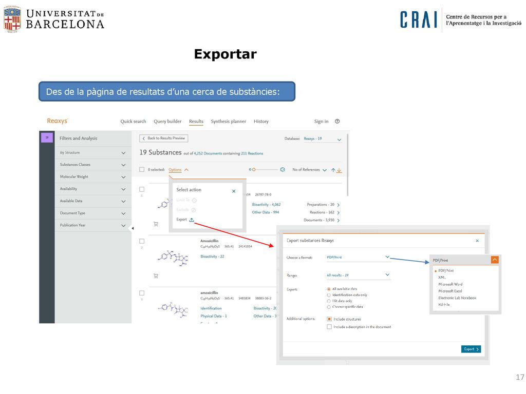 Exportar Des de la pàgina de resultats d’una cerca de substàncies: