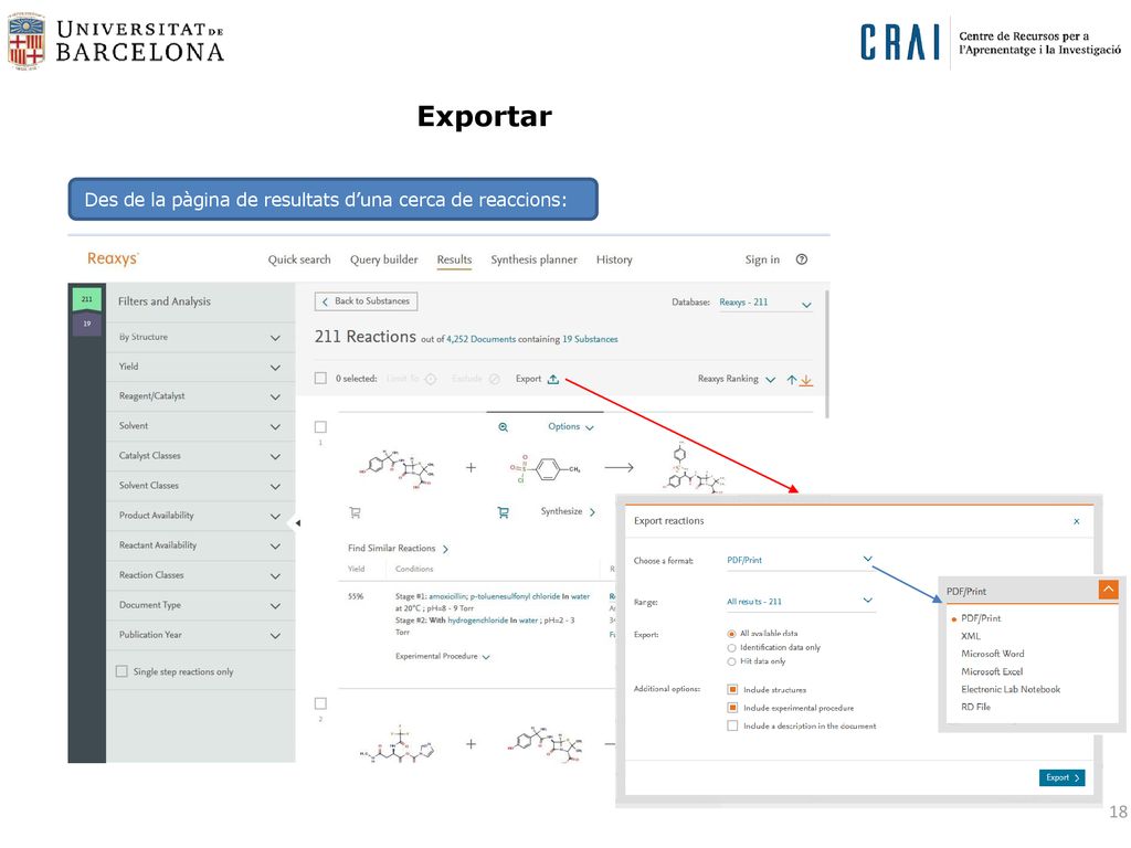 Exportar Des de la pàgina de resultats d’una cerca de reaccions: