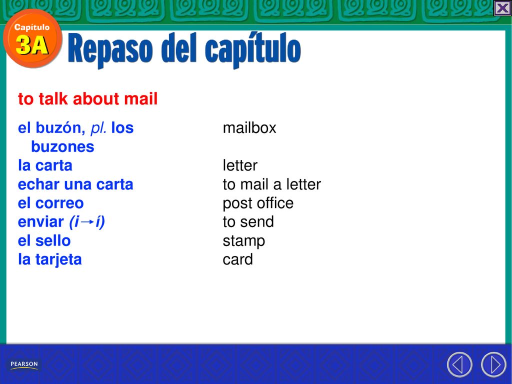 to talk about mail el buzón, pl. los buzones la carta echar una carta