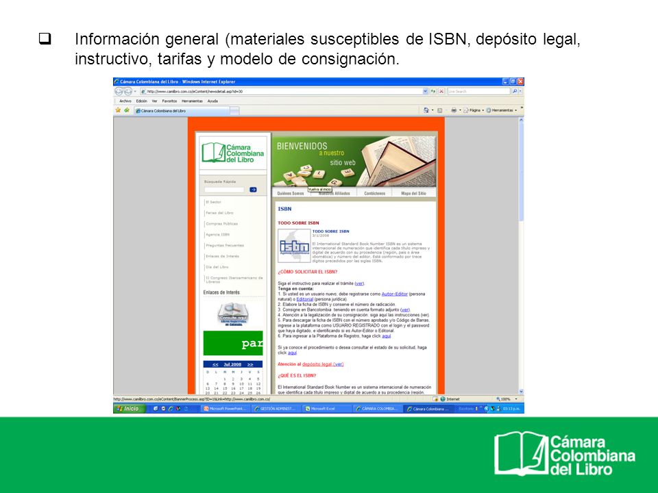 Información general (materiales susceptibles de ISBN, depósito legal, instructivo, tarifas y modelo de consignación.
