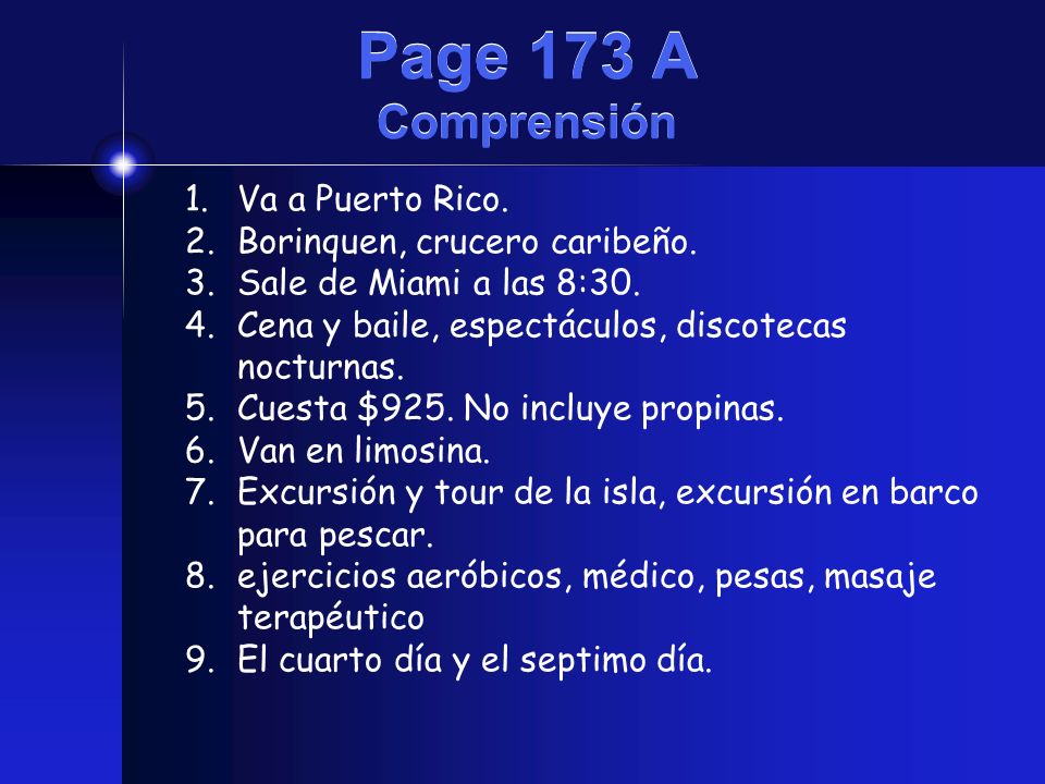 Page 173 A Comprensión Va a Puerto Rico. Borinquen, crucero caribeño.