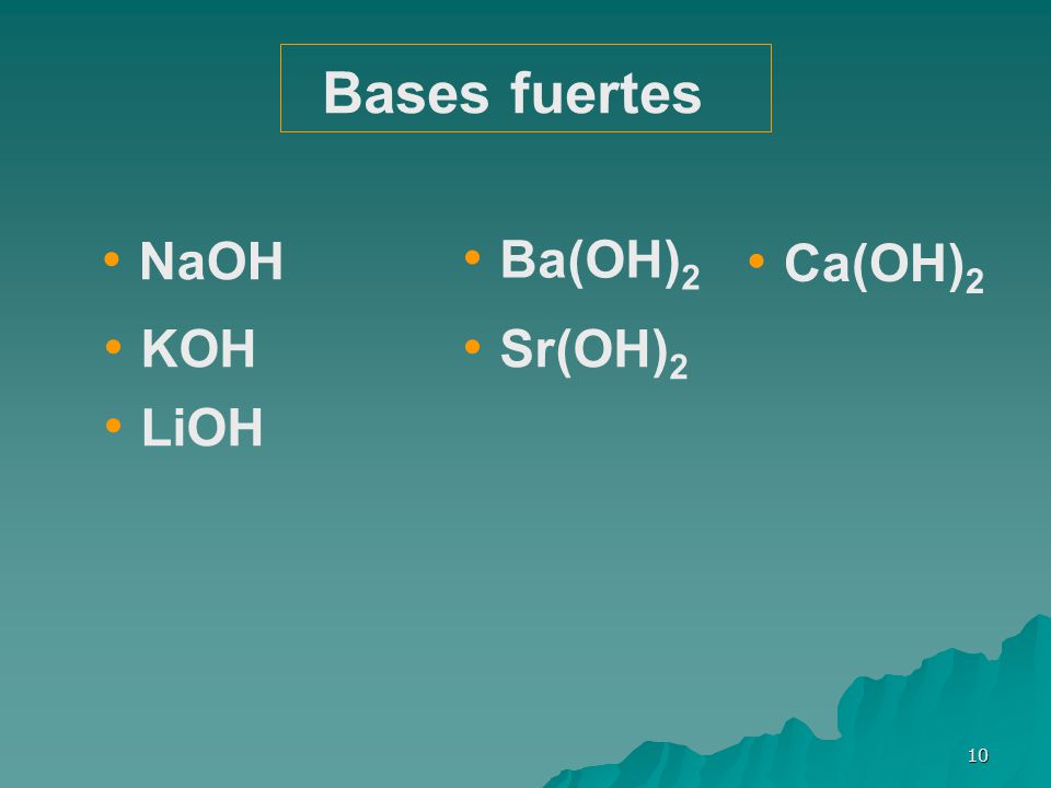 Bases fuertes NaOH Ba(OH)2 Ca(OH)2 KOH Sr(OH)2 LiOH