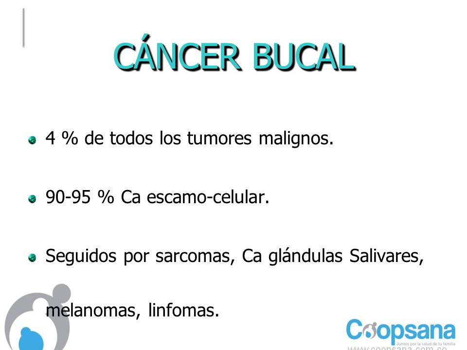 CÁNCER BUCAL 4 % de todos los tumores malignos.